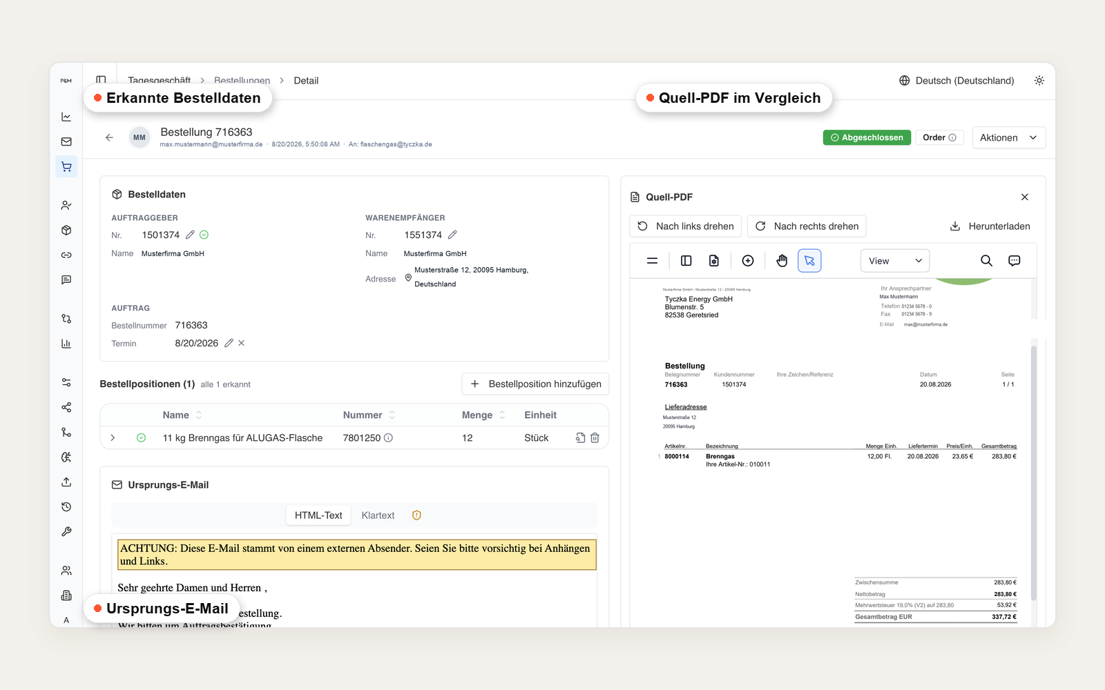 Bestell-Detailansicht: erkannte Bestelldaten, Quell-PDF und Ursprungs-E-Mail